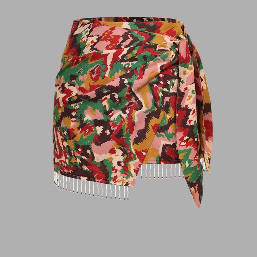 Printed Beaded Hem Wrap Mini Skirt
